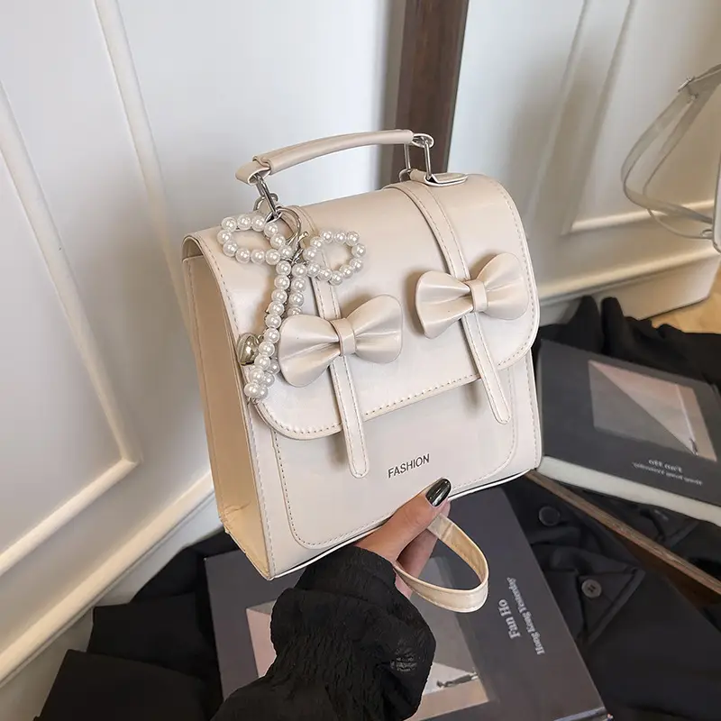 Women's Sweet Style Square Bag with Pearl Bow & Handle - Image 6