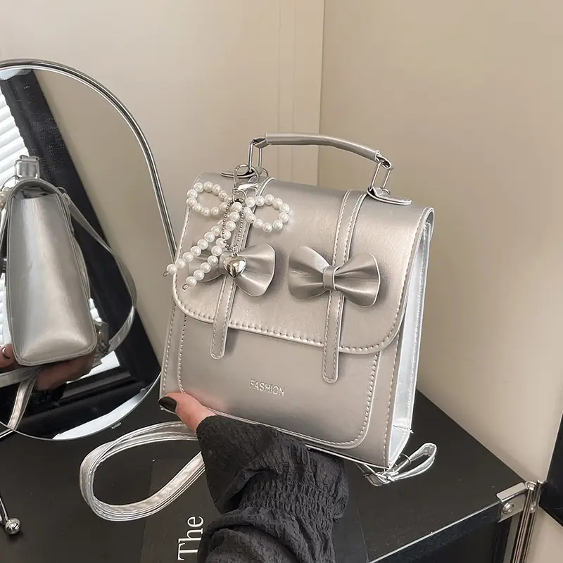 Women's Sweet Style Square Bag with Pearl Bow & Handle - Image 7