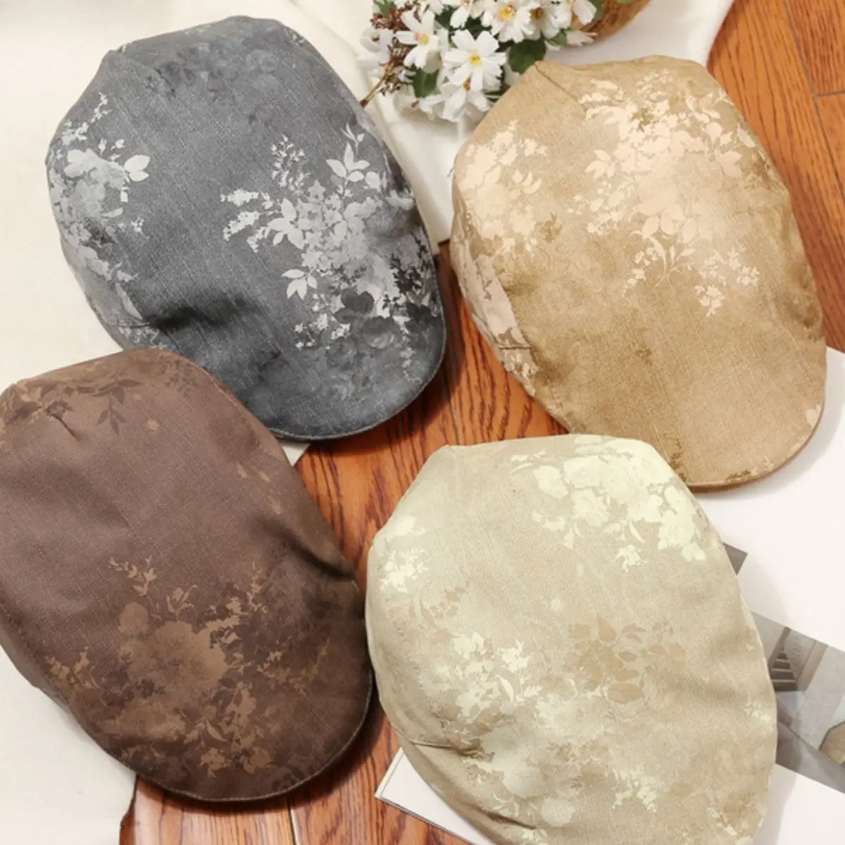 Women Floral Beret Cap Pumpkin Cap Duckbill Cap Brown