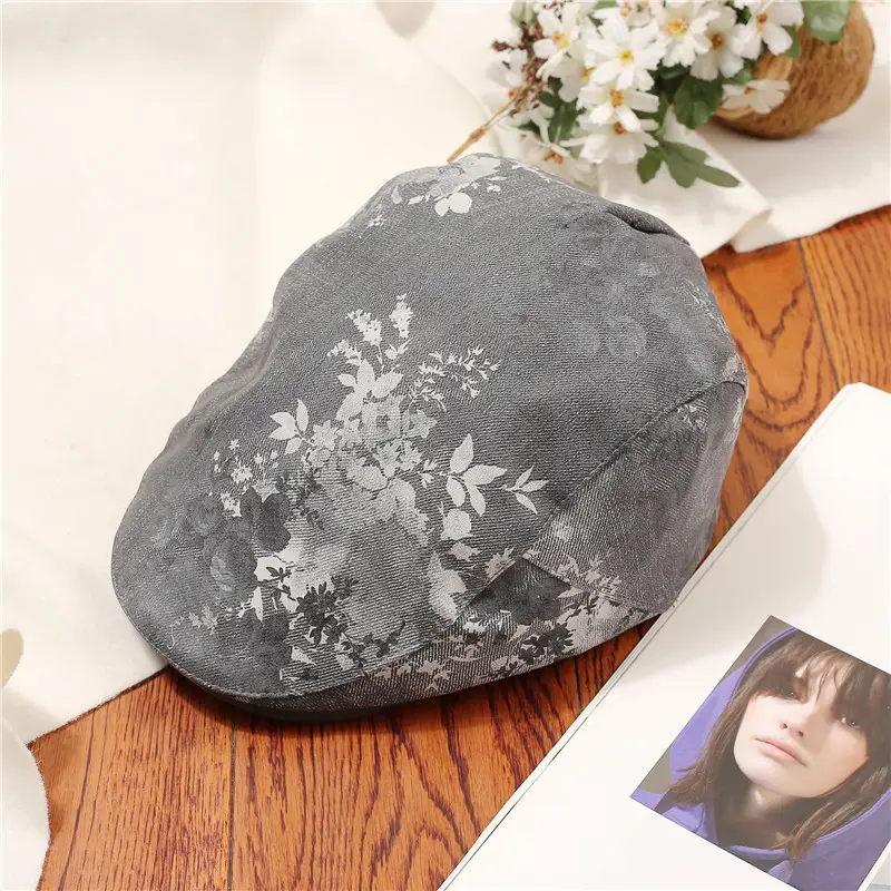 Women Floral Beret Cap Pumpkin Cap Duckbill Cap Brown