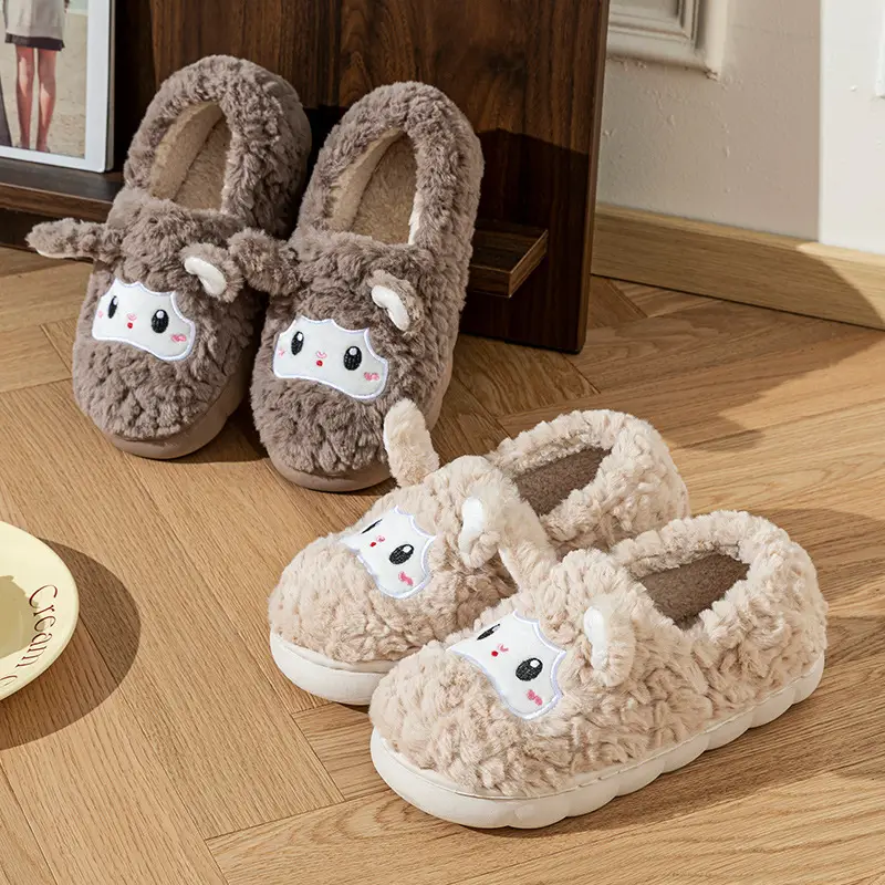 Cartoon Little Sheep Cotton Slippers for Home, Couple's Warm Plush Thick-Soled Slippers with a Soft Cushioning Feel for Autumn and Winter Maternity Use - Image 7
