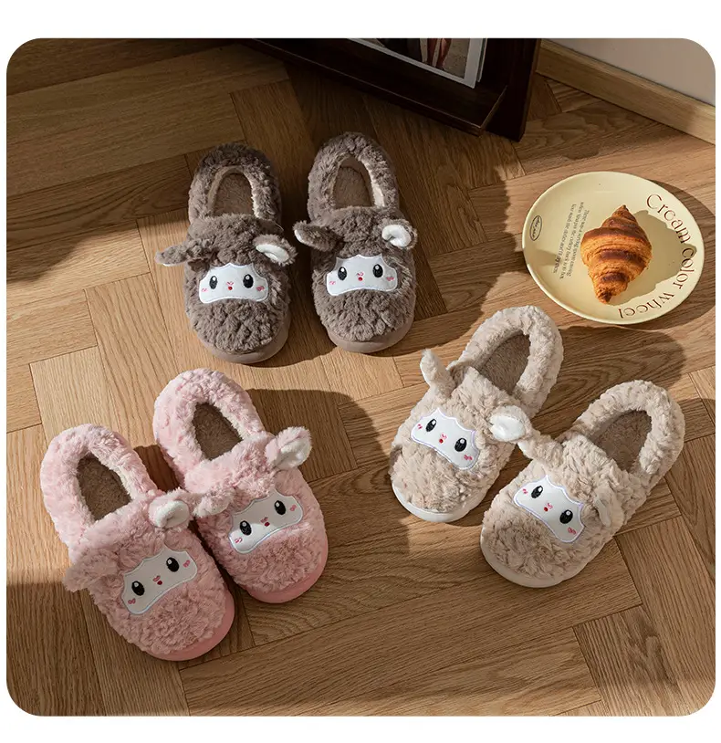 Cartoon Little Sheep Cotton Slippers for Home, Couple's Warm Plush Thick-Soled Slippers with a Soft Cushioning Feel for Autumn and Winter Maternity Use — feature 12