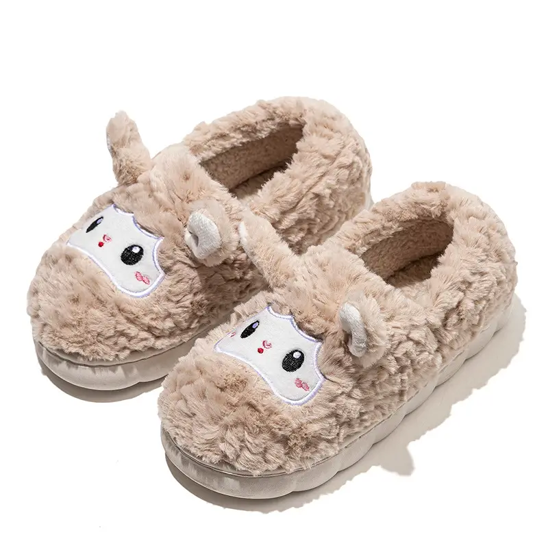 Cartoon Little Sheep Cotton Slippers for Home, Couple's Warm Plush Thick-Soled Slippers with a Soft Cushioning Feel for Autumn and Winter Maternity Use - Image 2