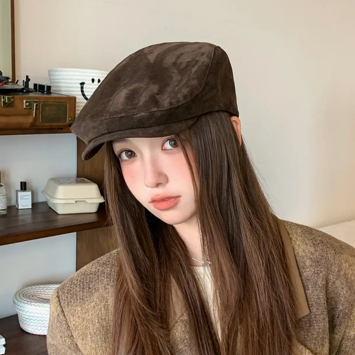 Women's Brown Retro Beret Hat Autumn Winter - Image 3