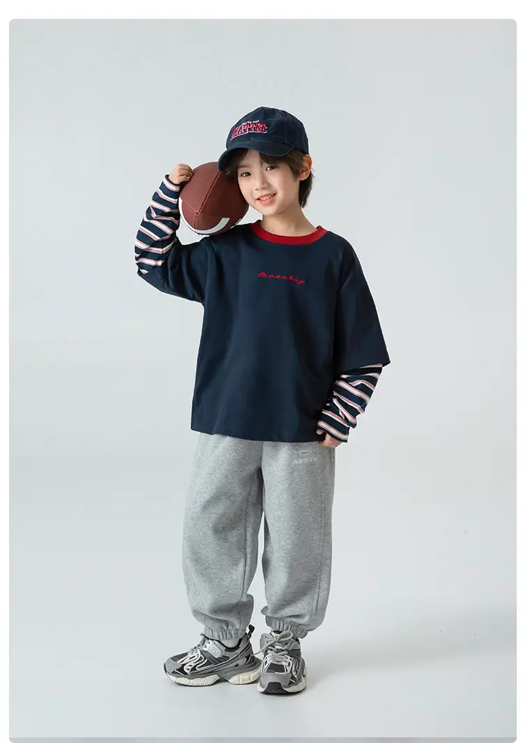 Haima Boys' Fake Two-Piece T-Shirt Set Navy Blue Striped Long Sleeve T-Shirt Pure Cotton — feature 10
