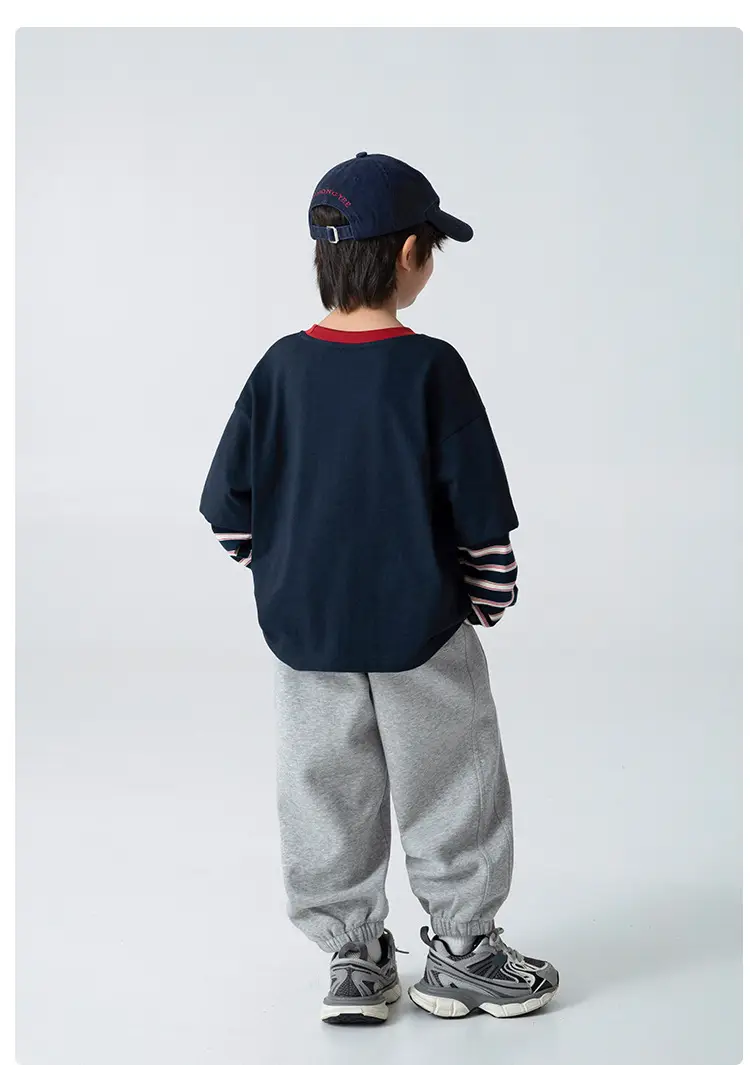Haima Boys' Fake Two-Piece T-Shirt Set Navy Blue Striped Long Sleeve T-Shirt Pure Cotton — feature 11