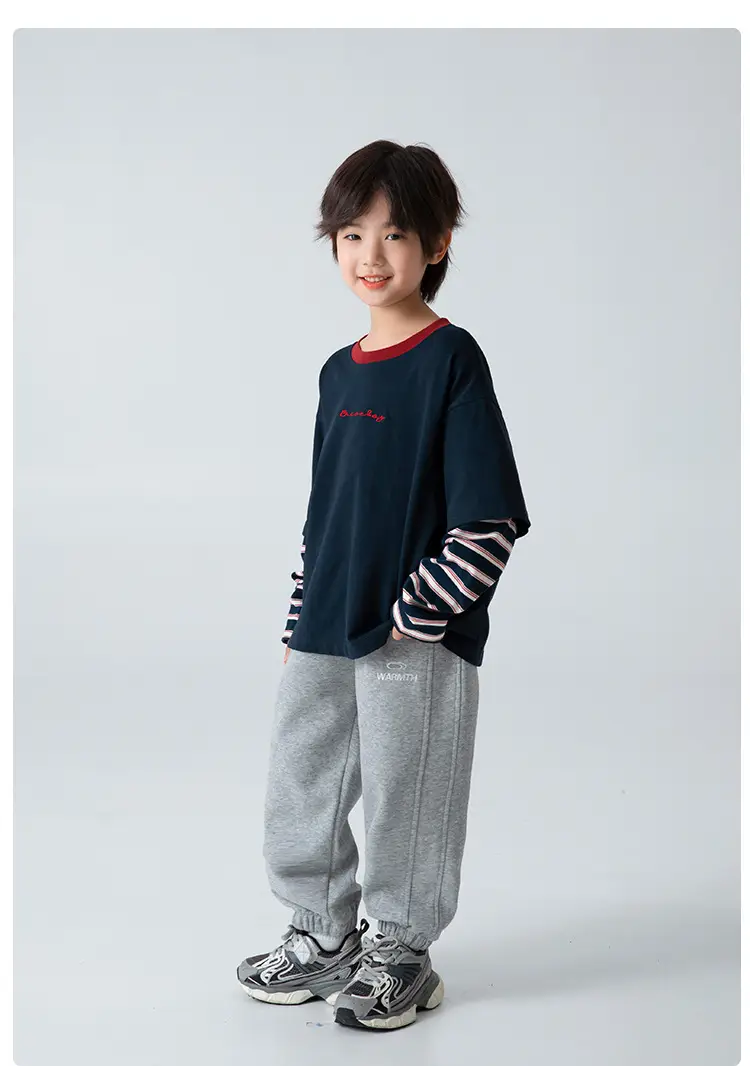 Haima Boys' Fake Two-Piece T-Shirt Set Navy Blue Striped Long Sleeve T-Shirt Pure Cotton — feature 9