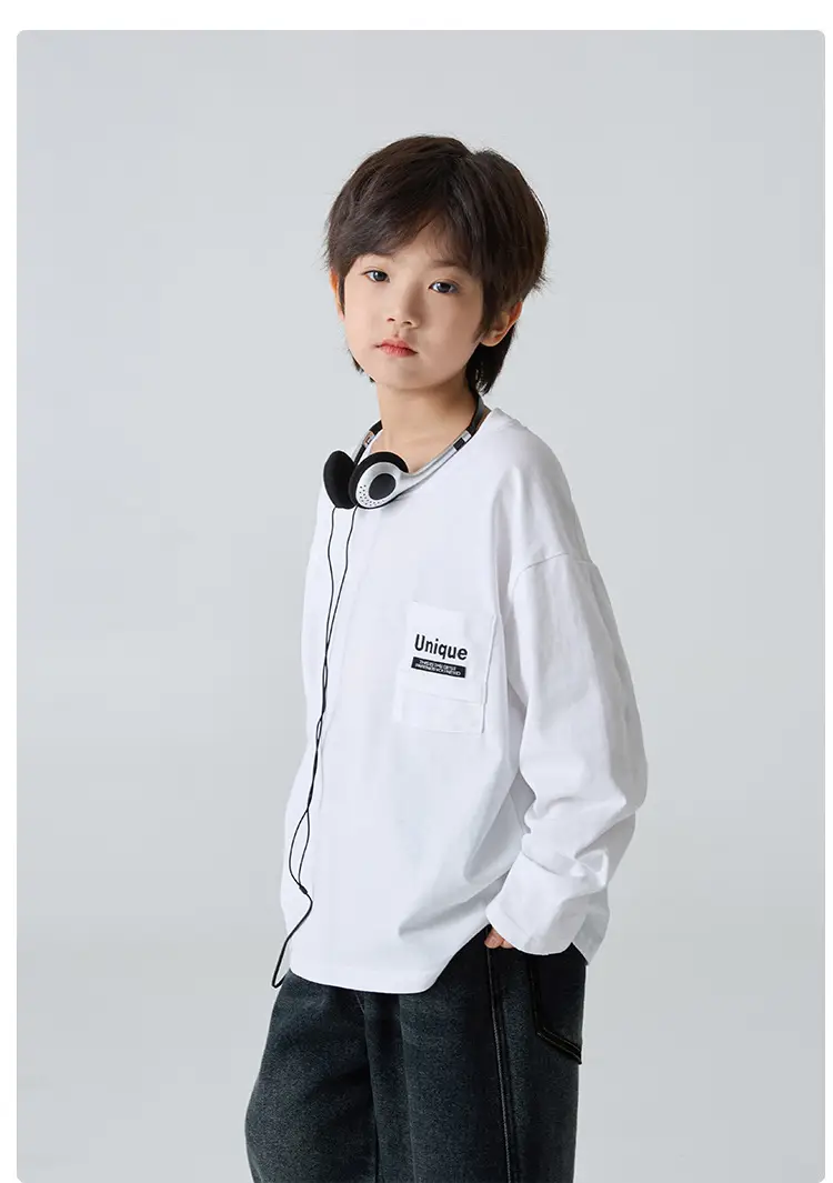 Haima Boys Cotton Long Sleeve T-Shirt White Blue 2 Colors — feature 9