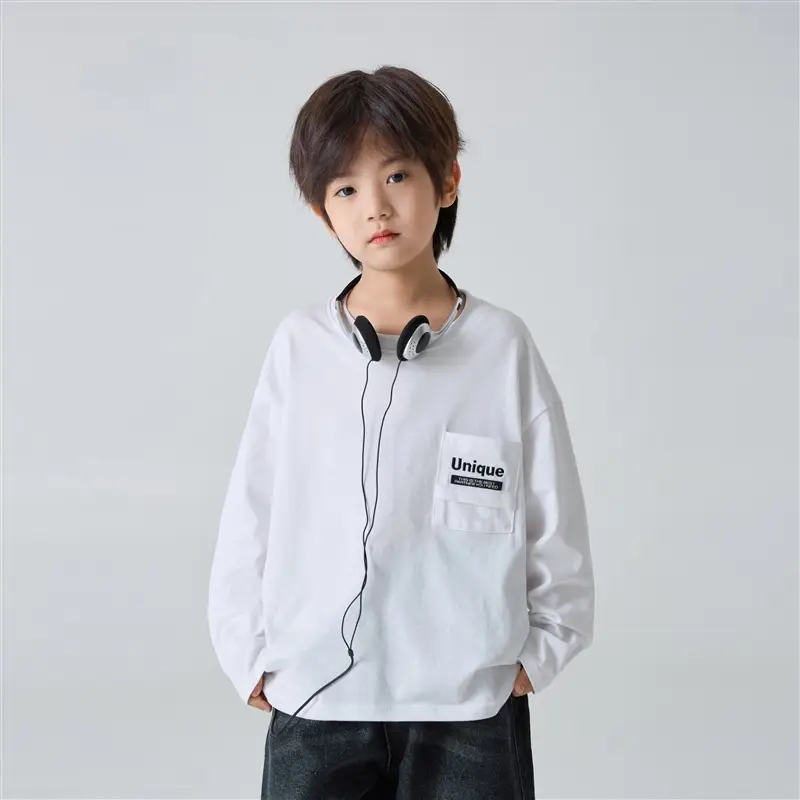 Haima Boys Cotton Long Sleeve T-Shirt White Blue 2 Colors - Image 2