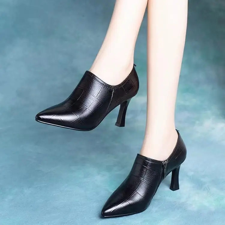 High Heels 2025 New Autum Pointed Toe Stiletto Deep Mouth Flats Genuine Leather Shoes Spring and Autum Versatile Small Heel Women's Shoes - Image 3