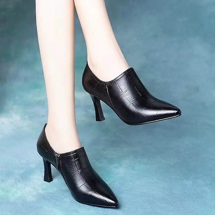 High Heels 2025 New Autum Pointed Toe Stiletto Deep Mouth Flats Genuine Leather Shoes Spring and Autum Versatile Small Heel Women's Shoes — feature 1