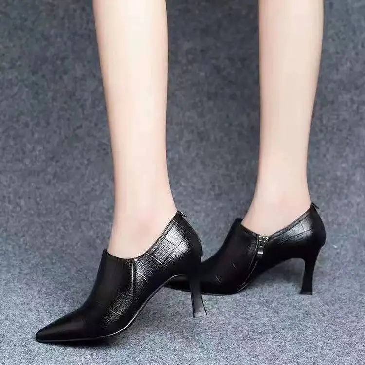 High Heels 2025 New Autum Pointed Toe Stiletto Deep Mouth Flats Genuine Leather Shoes Spring and Autum Versatile Small Heel Women's Shoes — feature 3