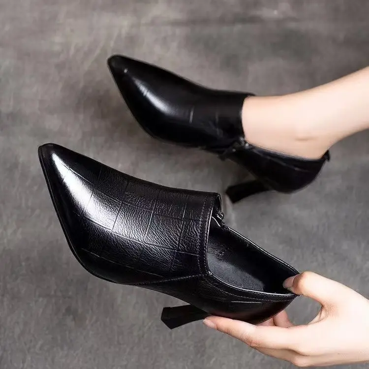 High Heels 2025 New Autum Pointed Toe Stiletto Deep Mouth Flats Genuine Leather Shoes Spring and Autum Versatile Small Heel Women's Shoes — feature 6