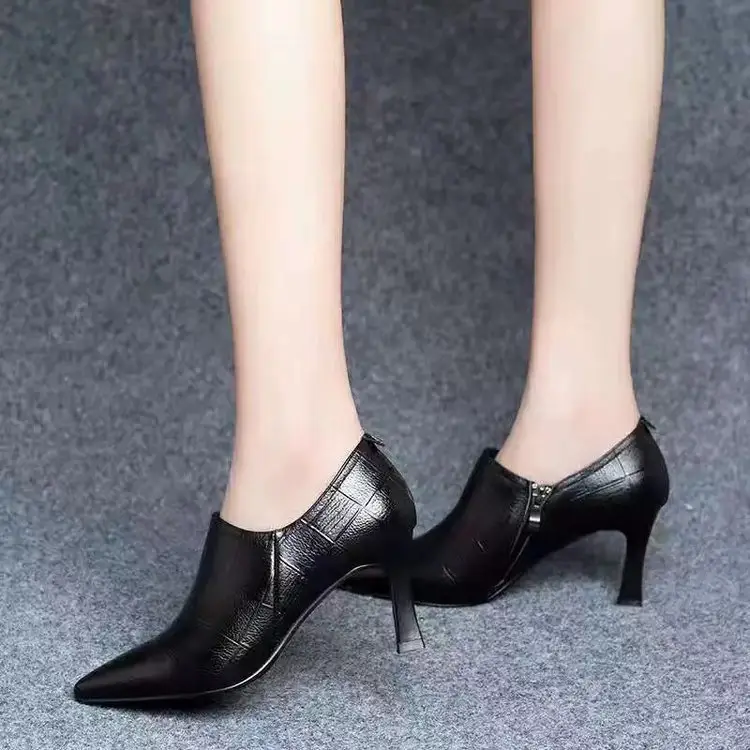 High Heels 2025 New Autum Pointed Toe Stiletto Deep Mouth Flats Genuine Leather Shoes Spring and Autum Versatile Small Heel Women's Shoes — feature 9