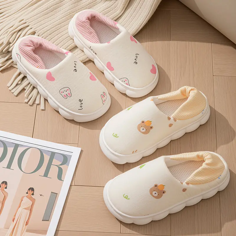 New Cartoon Maternity Slippers with Heel Cover, Cotton Slippers for Women, Autumn and Winter Indoor Non-Slip Warm Home Cotton Shoes for Women, All Seasons