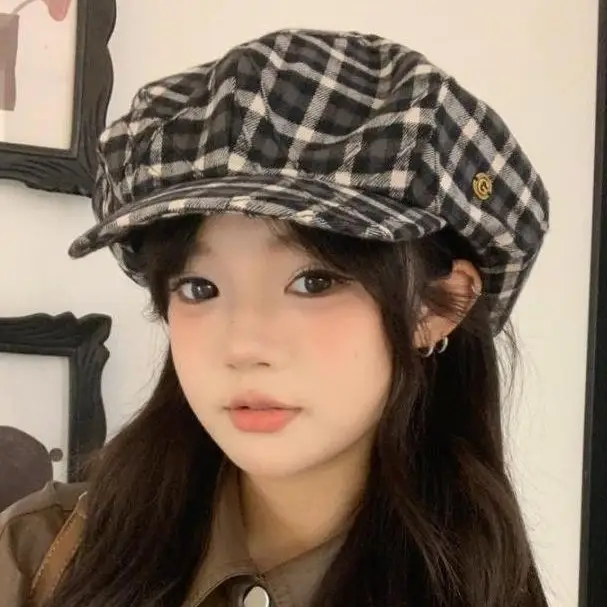 British Retro Plaid Octagonal Hat for Women - Image 6