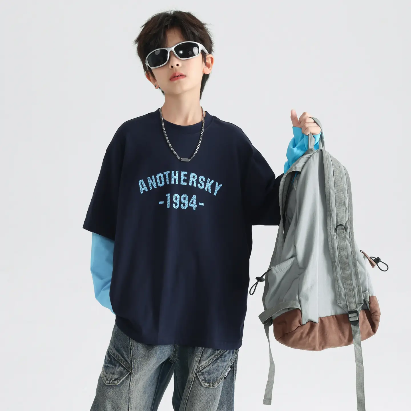 Boys Korean Style Fake Two-Piece T-Shirt Black Yellow 2026 - Image 5