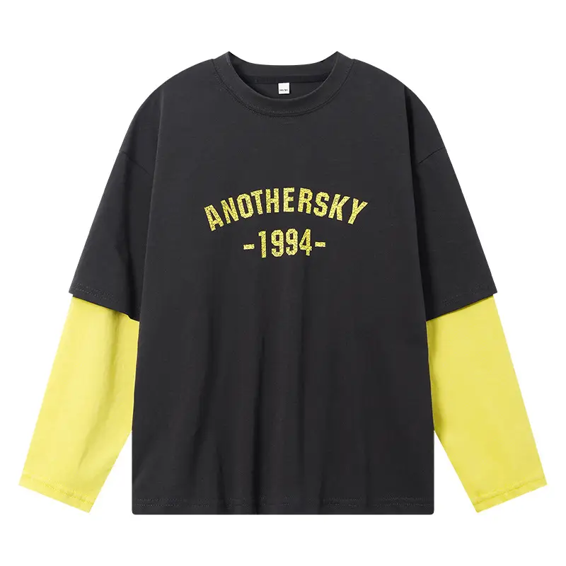 Boys Korean Style Fake Two-Piece T-Shirt Black Yellow 2026 - Image 7