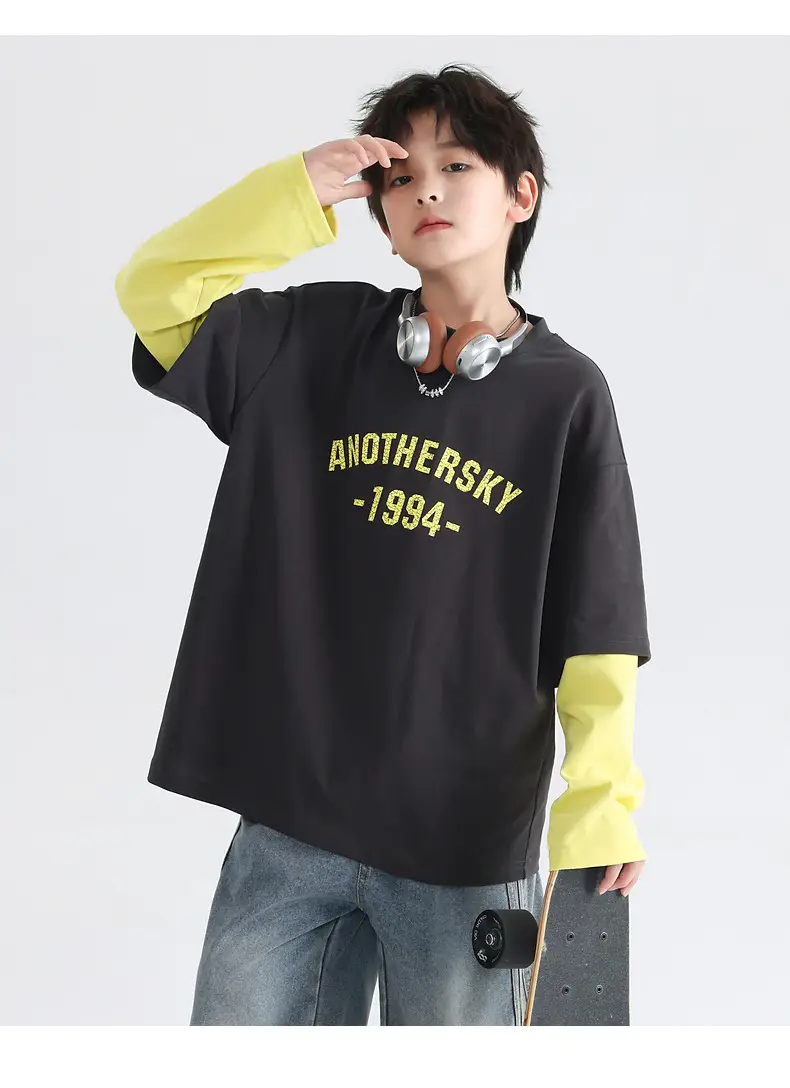 Boys Korean Style Fake Two-Piece T-Shirt Black Yellow 2026 — feature 15