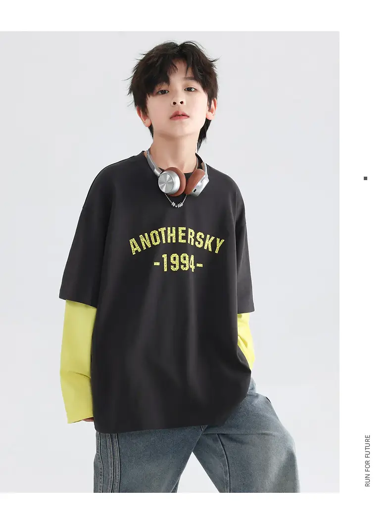 Boys Korean Style Fake Two-Piece T-Shirt Black Yellow 2026 — feature 16