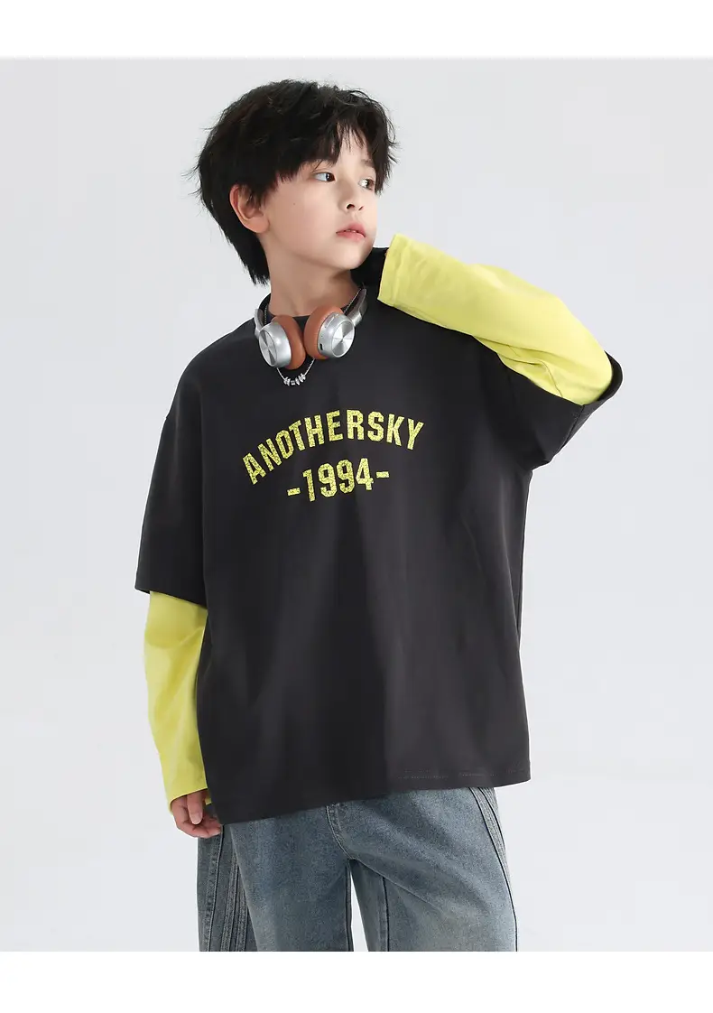 Boys Korean Style Fake Two-Piece T-Shirt Black Yellow 2026 — feature 17