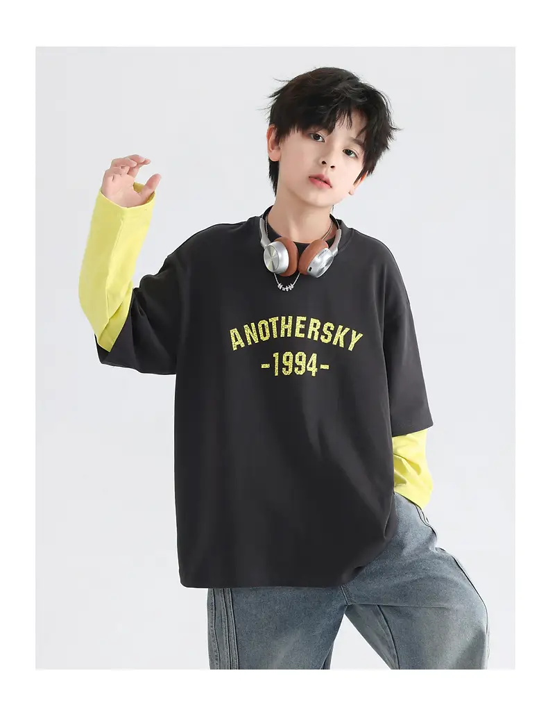 Boys Korean Style Fake Two-Piece T-Shirt Black Yellow 2026 — feature 18