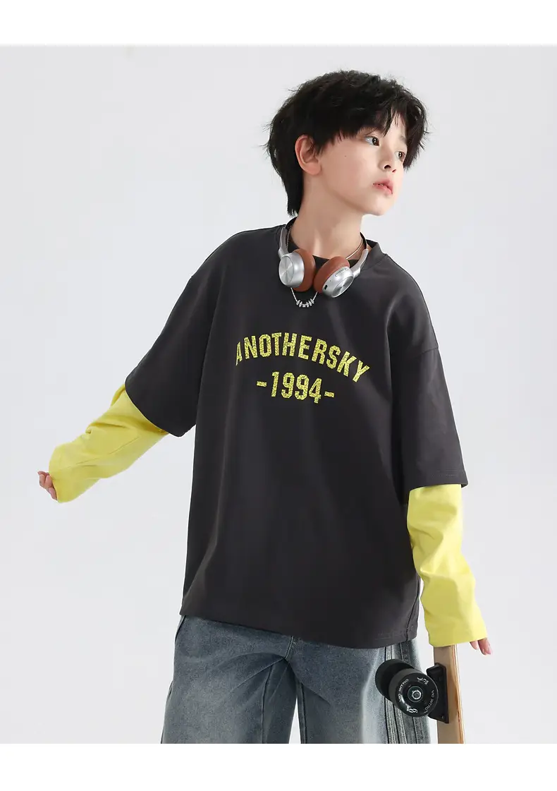 Boys Korean Style Fake Two-Piece T-Shirt Black Yellow 2026 — feature 19