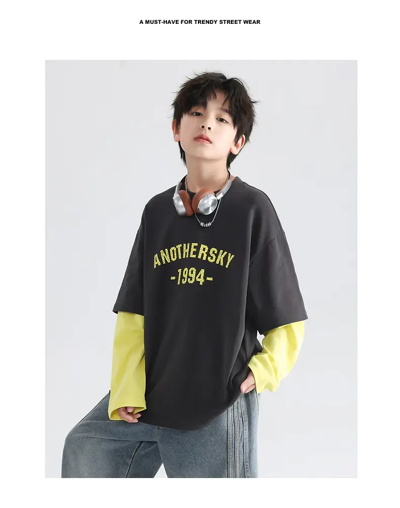Boys Korean Style Fake Two-Piece T-Shirt Black Yellow 2026 — feature 2