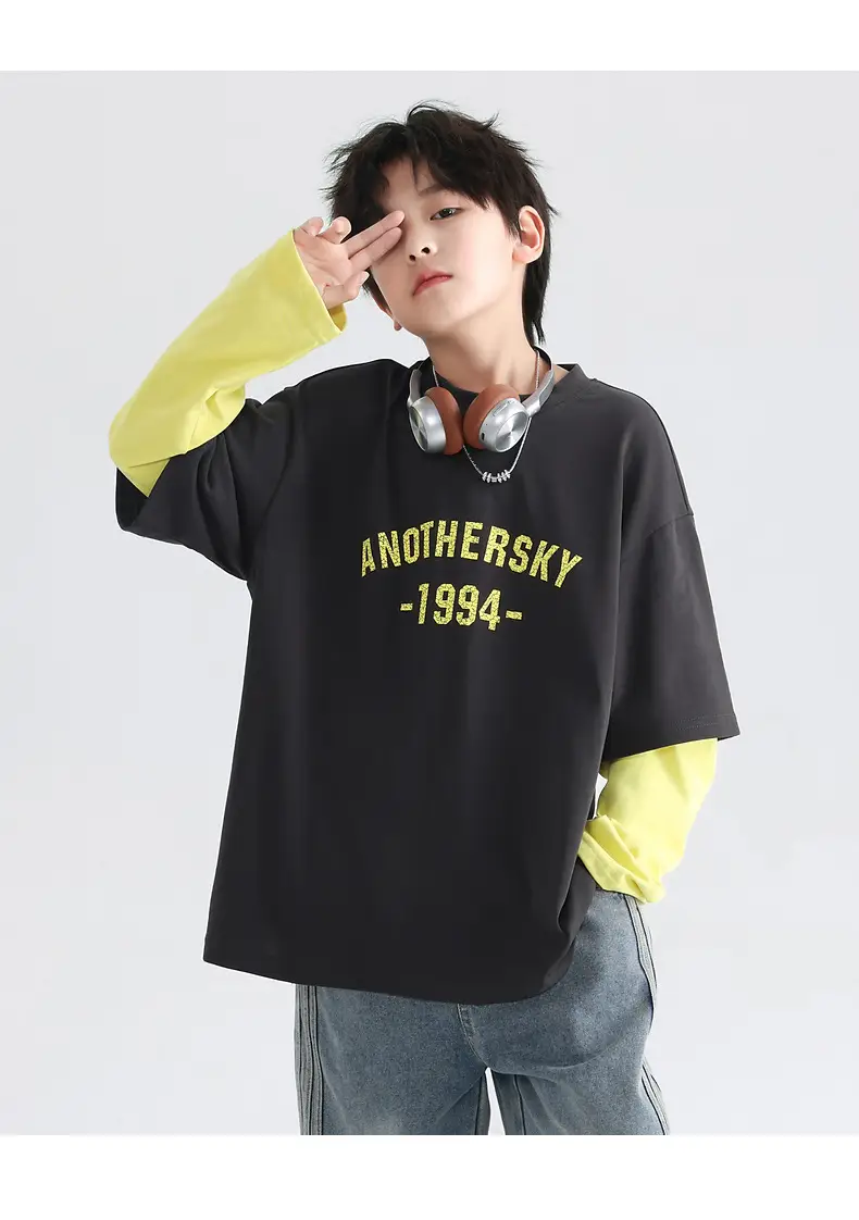 Boys Korean Style Fake Two-Piece T-Shirt Black Yellow 2026 — feature 20