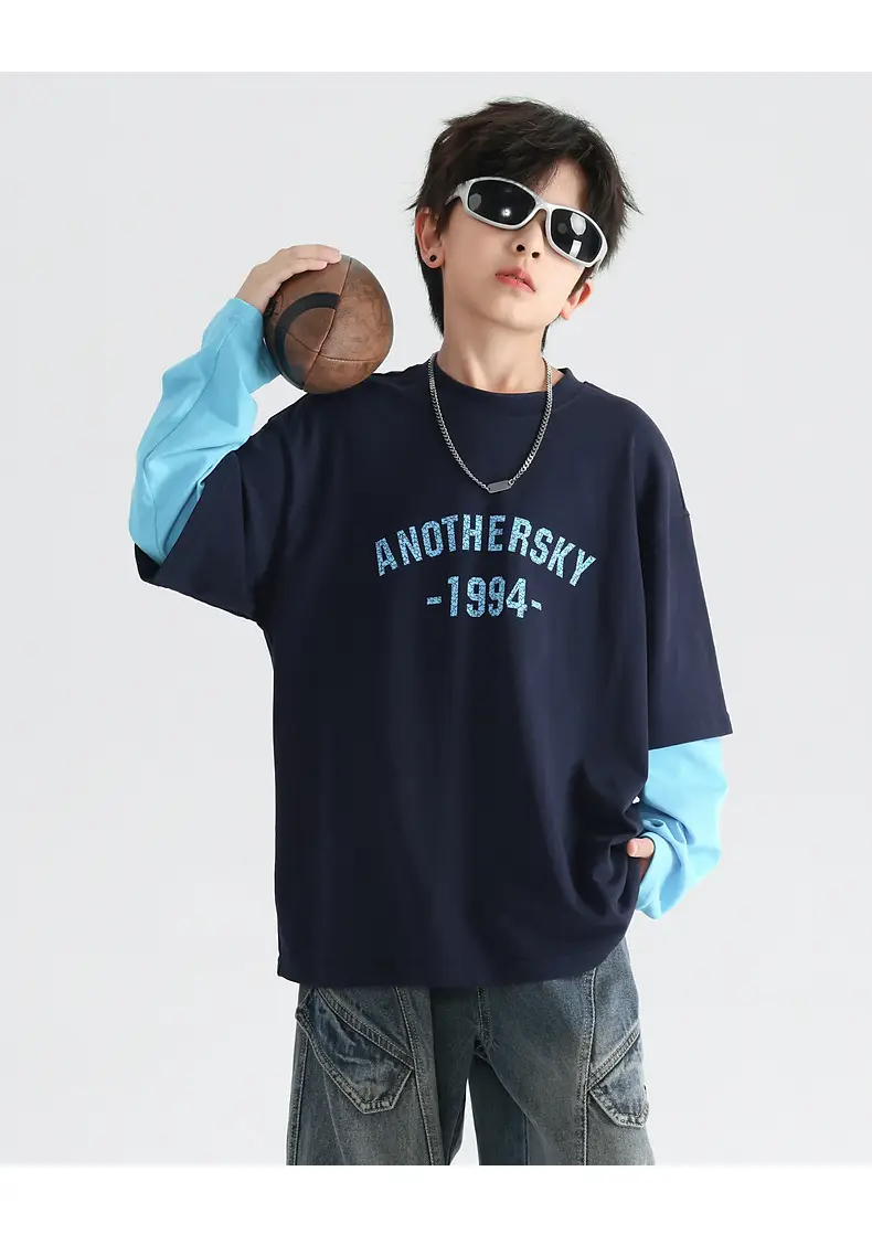 Boys Korean Style Fake Two-Piece T-Shirt Black Yellow 2026 — feature 21