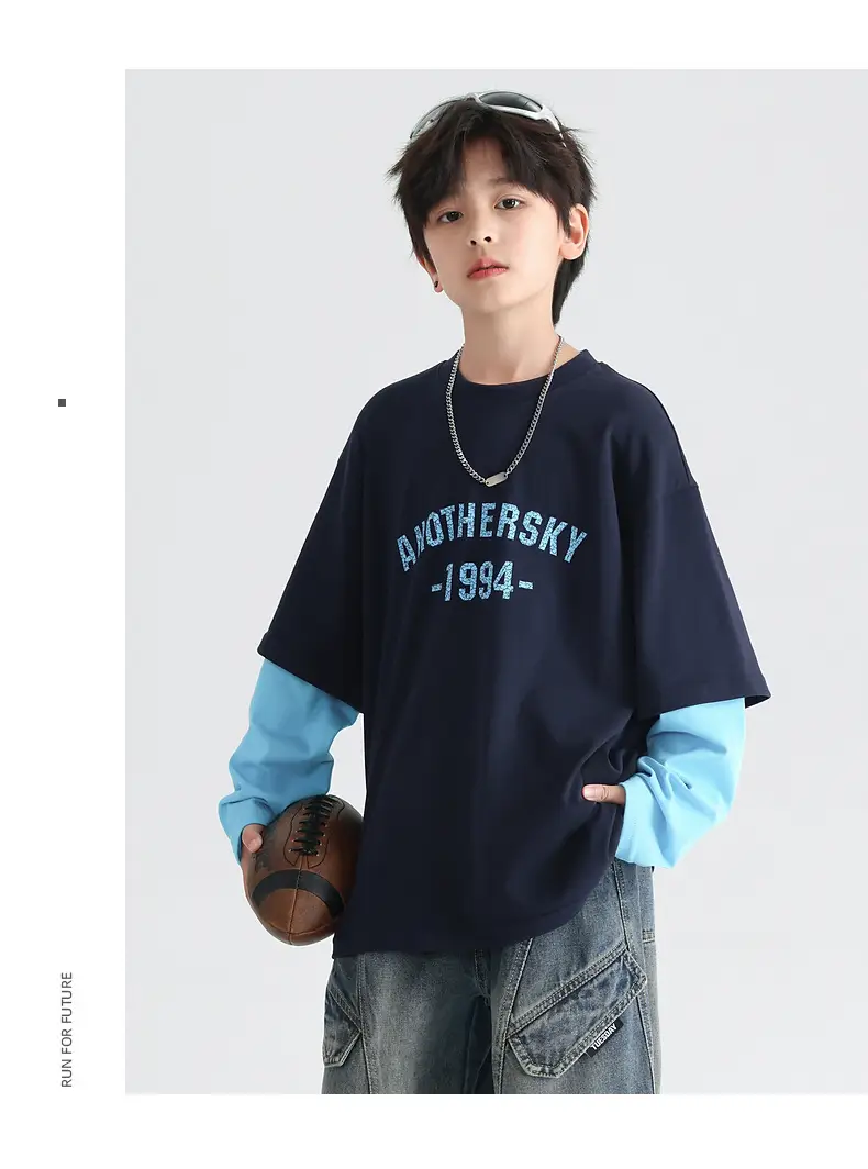 Boys Korean Style Fake Two-Piece T-Shirt Black Yellow 2026 — feature 22