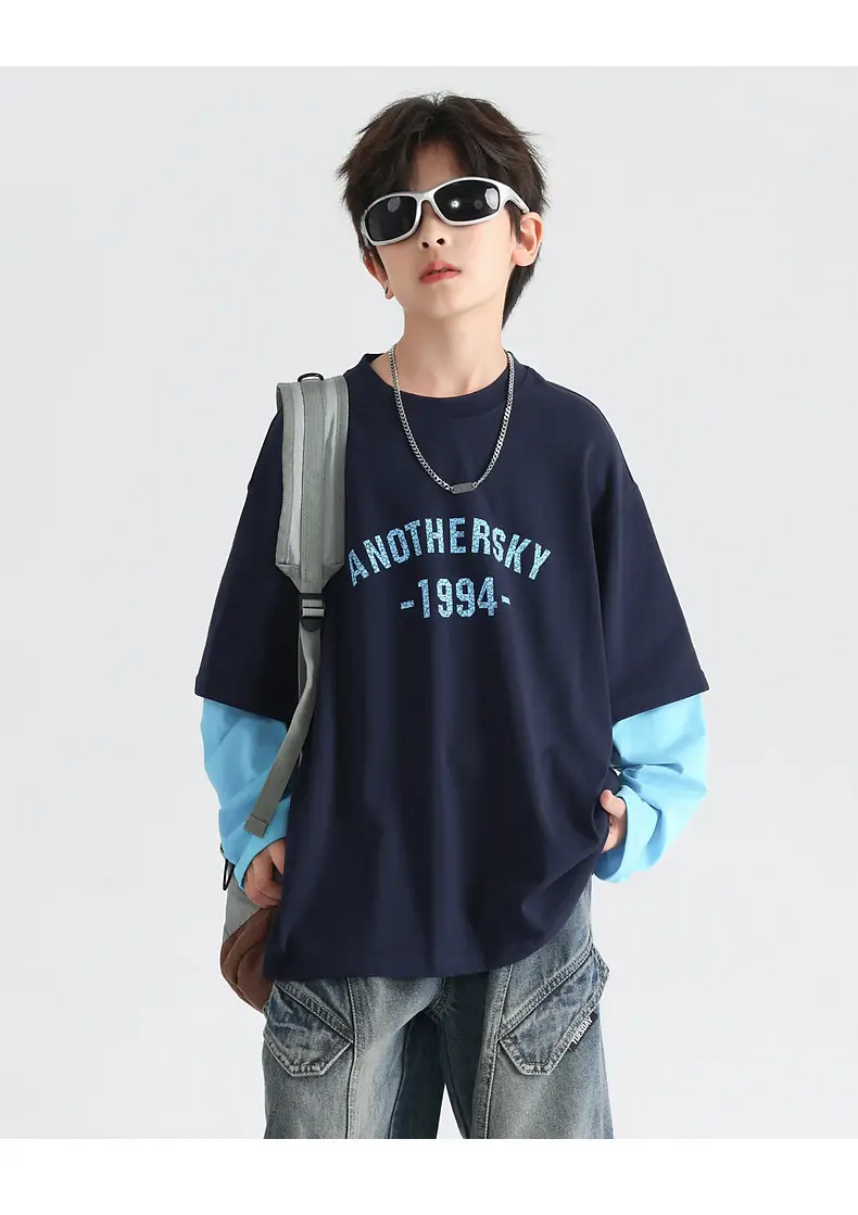 Boys Korean Style Fake Two-Piece T-Shirt Black Yellow 2026 — feature 23