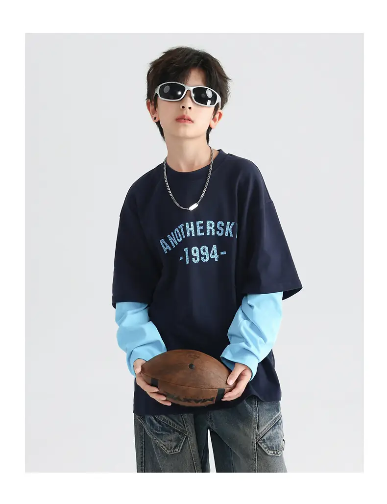 Boys Korean Style Fake Two-Piece T-Shirt Black Yellow 2026 — feature 24