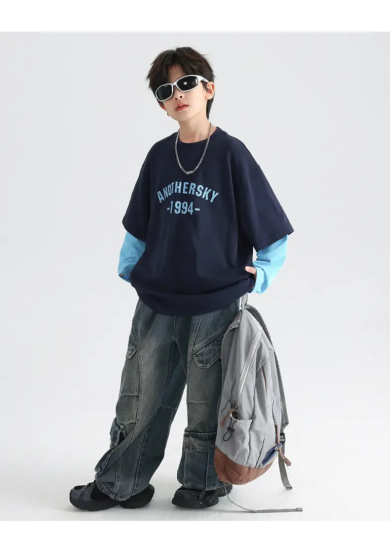 Boys Korean Style Fake Two-Piece T-Shirt Black Yellow 2026 — feature 25