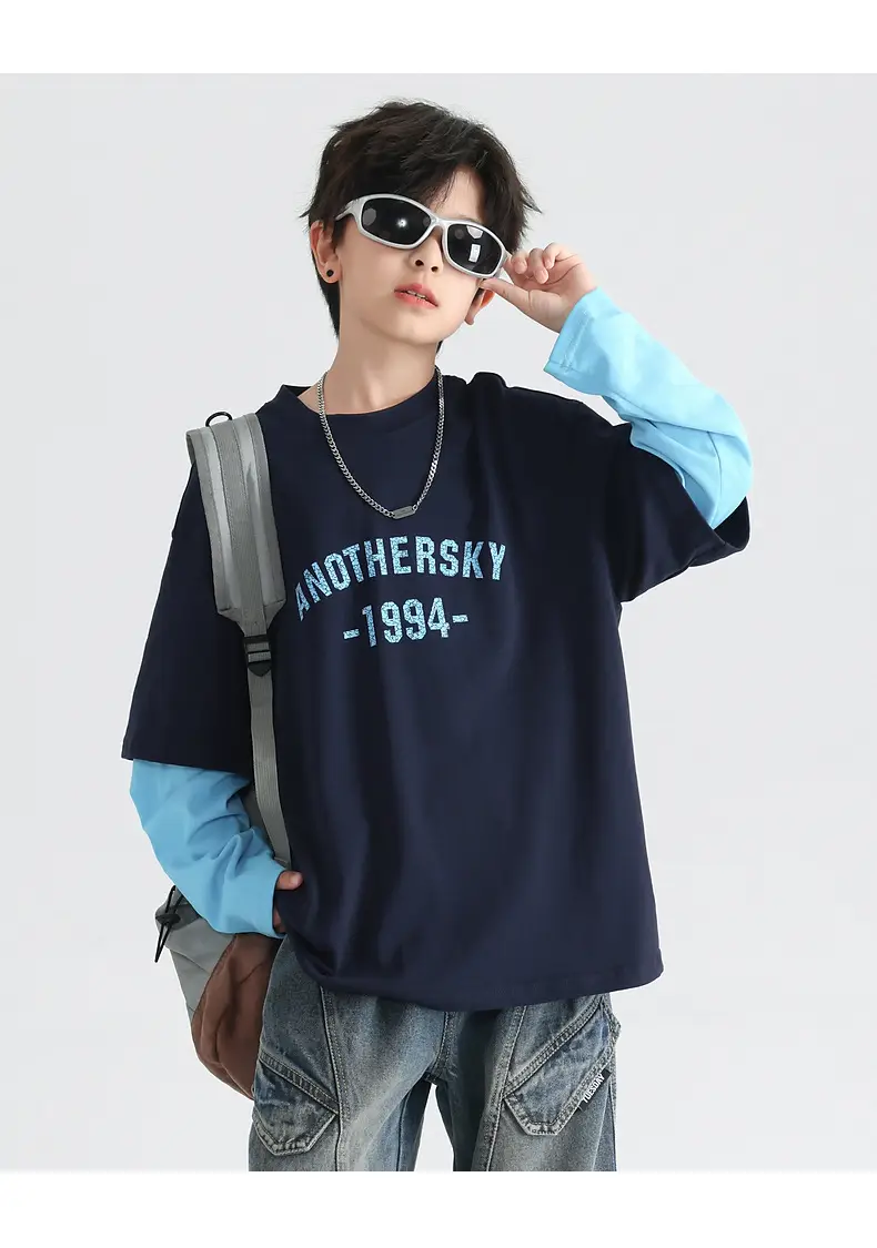 Boys Korean Style Fake Two-Piece T-Shirt Black Yellow 2026 — feature 26