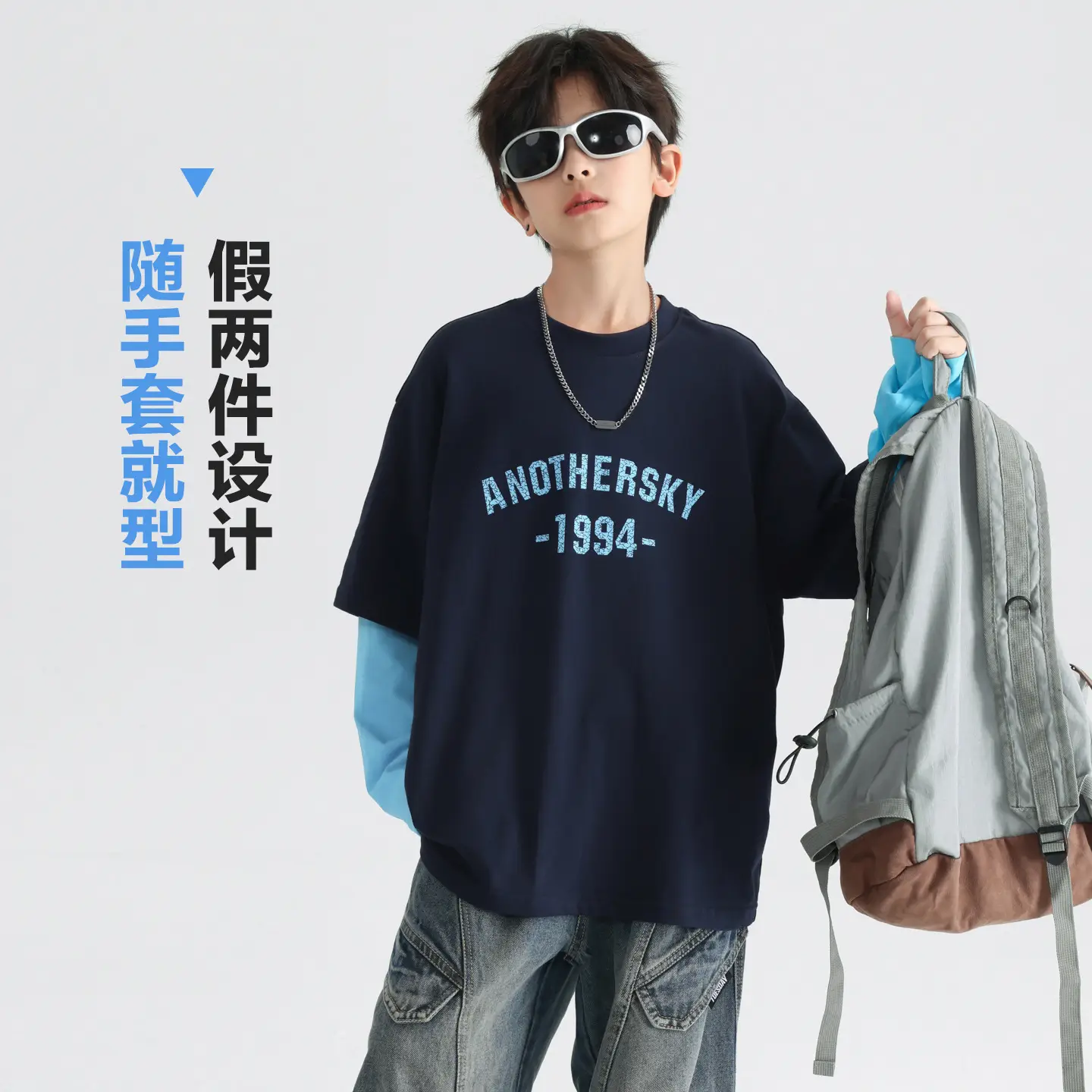 Boys Korean Style Fake Two-Piece T-Shirt Black Yellow 2026 - Image 2