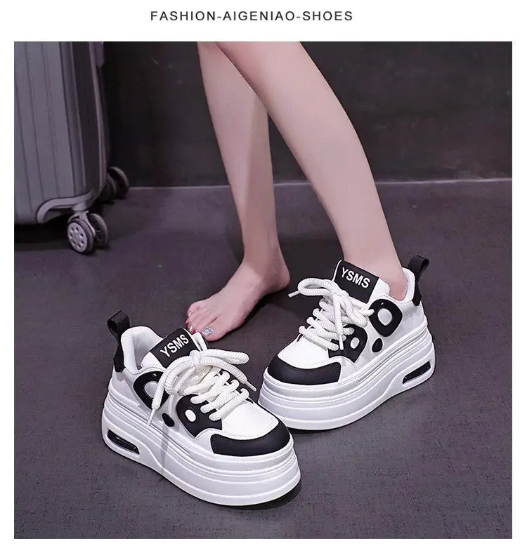Black and White Panda Shoes for Women 2025 Autum New Style Small 8cm Platform Thick Sole Heightening White Shoes for Sports and Leisure — feature 10