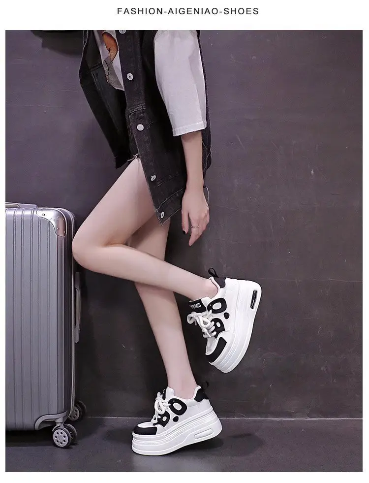 Black and White Panda Shoes for Women 2025 Autum New Style Small 8cm Platform Thick Sole Heightening White Shoes for Sports and Leisure — feature 12