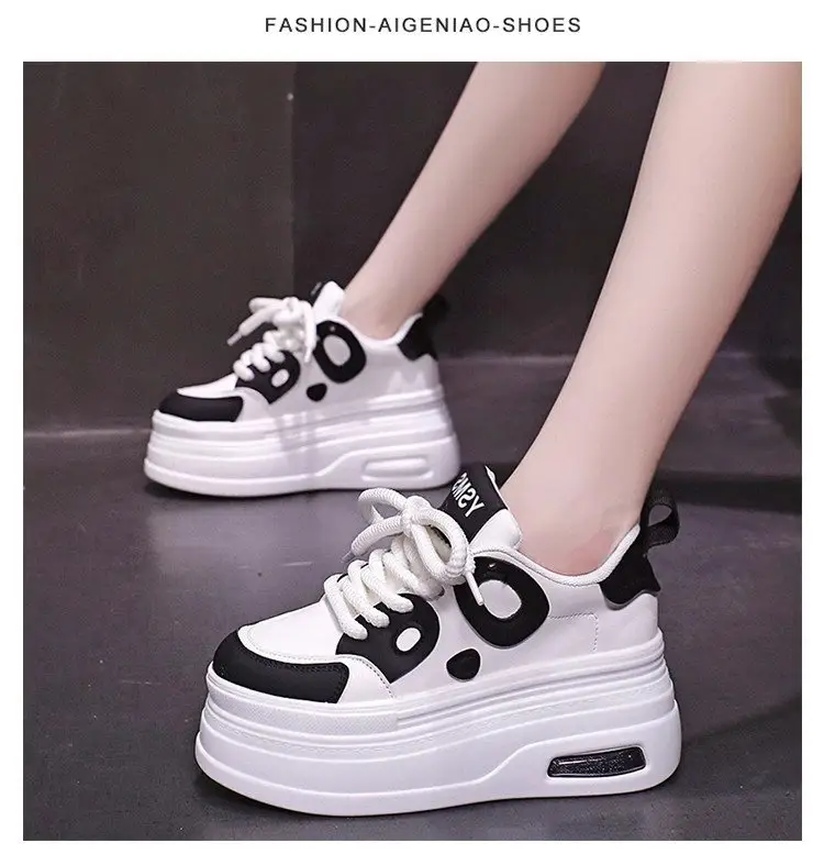 Black and White Panda Shoes for Women 2025 Autum New Style Small 8cm Platform Thick Sole Heightening White Shoes for Sports and Leisure — feature 14
