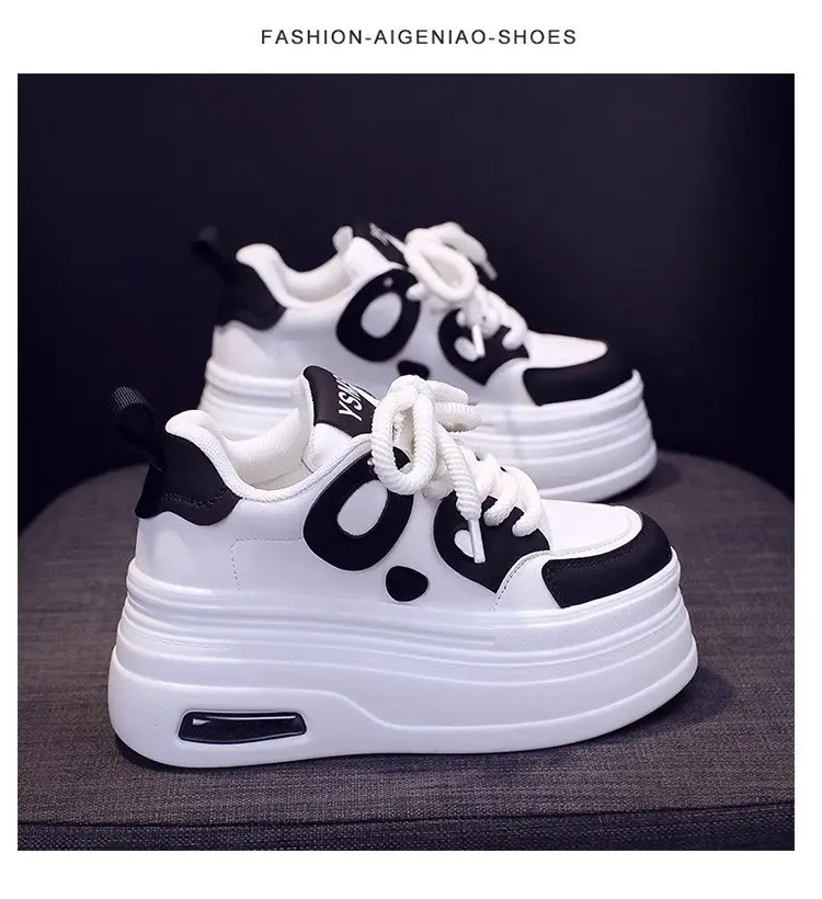 Black and White Panda Shoes for Women 2025 Autum New Style Small 8cm Platform Thick Sole Heightening White Shoes for Sports and Leisure — feature 22