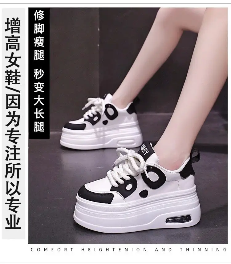 Black and White Panda Shoes for Women 2025 Autum New Style Small 8cm Platform Thick Sole Heightening White Shoes for Sports and Leisure — feature 3