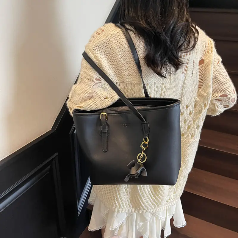 Women Large Capacity Satchel Bag Beige Leather Shoulder Bag - Image 5