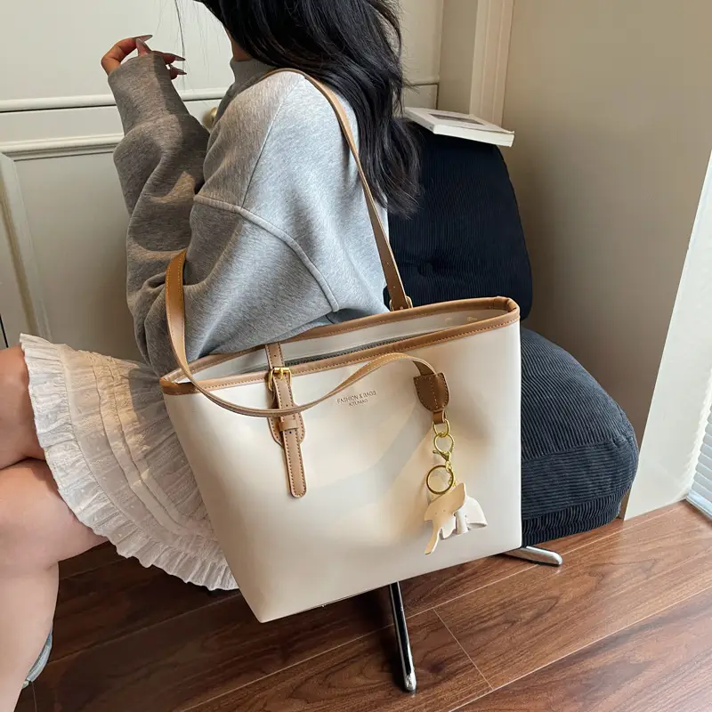 Women Large Capacity Satchel Bag Beige Leather Shoulder Bag - Image 6