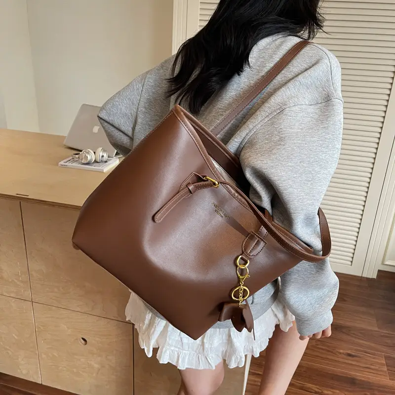Women Large Capacity Satchel Bag Beige Leather Shoulder Bag - Image 7
