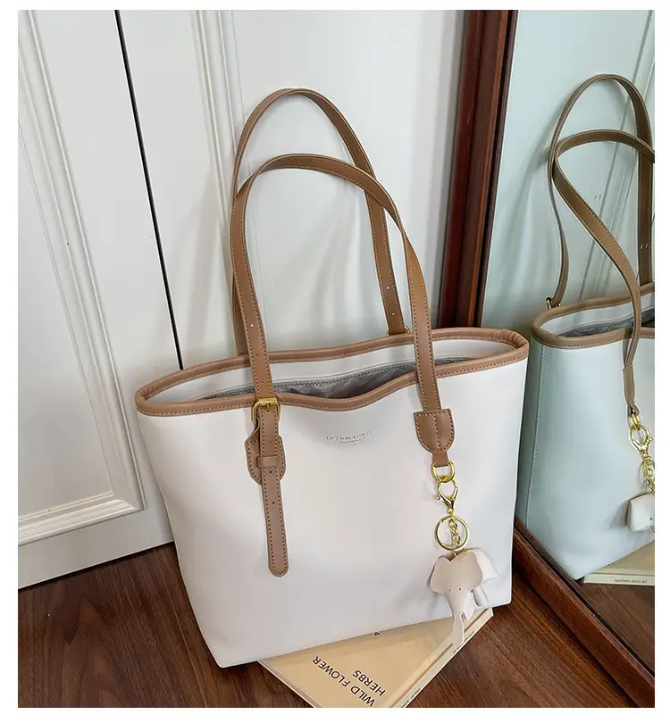 Women Large Capacity Satchel Bag Beige Leather Shoulder Bag — feature 3