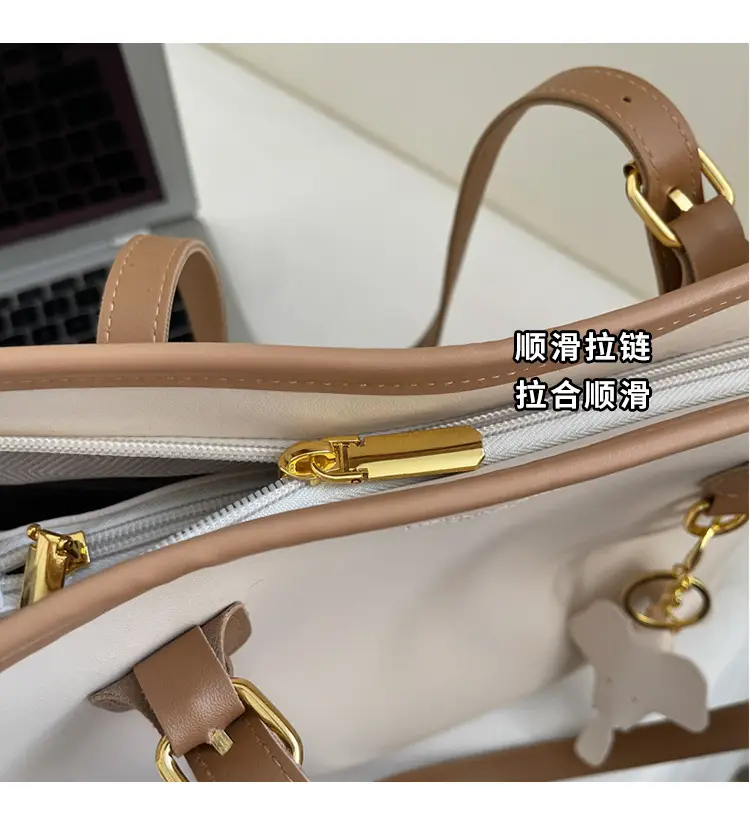 Women Large Capacity Satchel Bag Beige Leather Shoulder Bag — feature 5