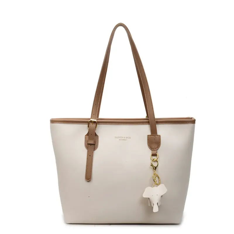 Women Large Capacity Satchel Bag Beige Leather Shoulder Bag - Image 2