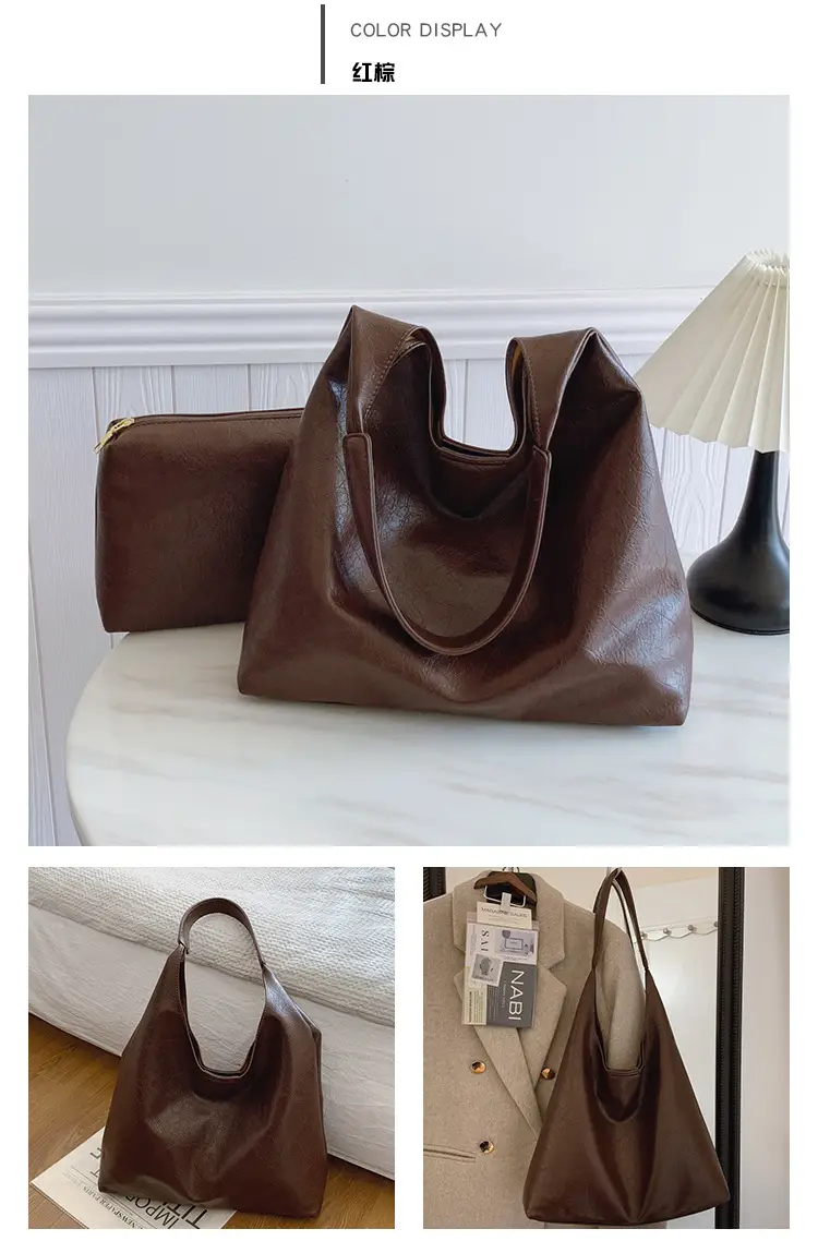 Brown Leather Tote Bag Large Capacity Women Commuter Shoulder Bag — feature 10