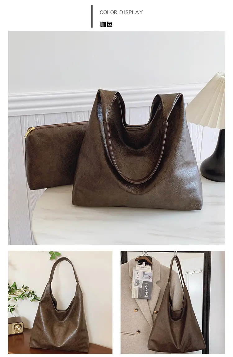 Brown Leather Tote Bag Large Capacity Women Commuter Shoulder Bag — feature 11