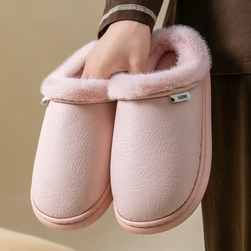 Flat-Heeled Cotton Shoes for Men in Autumn and Winter Home Indoor Thick-Soled Waterproof Fleece-Lined Cotton Shoes for Middle-Aged and Elderly Women's Warm Cotton Slippers - Image 2